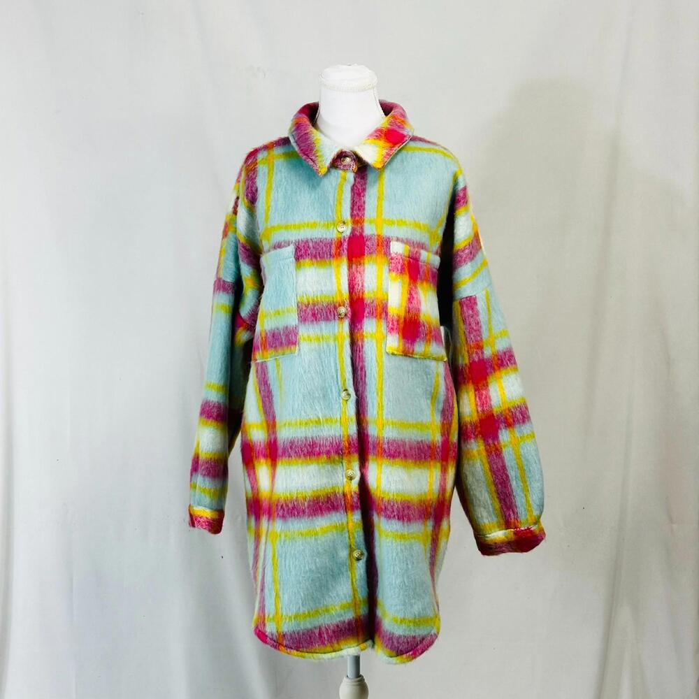 DAVI & DANI Pastel Plaid Teddy Jacket in Mint, Pink & Yellow